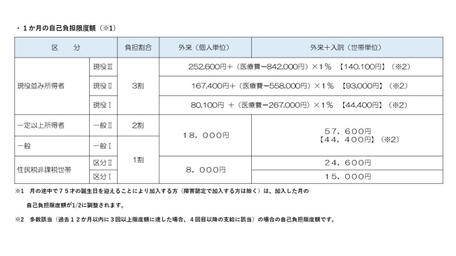 自己負担額の表