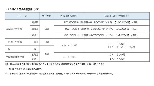 自己負担額の表